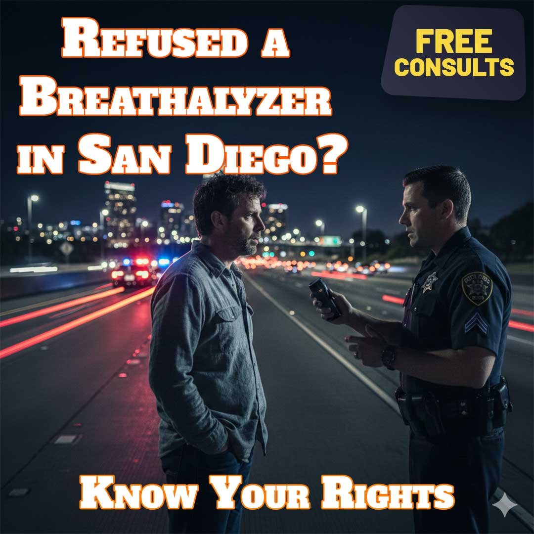 San Diego DUI traffic stop showing a driver refusing a breathalyzer test, highlighting California DUI refusal consequences and legal rights.