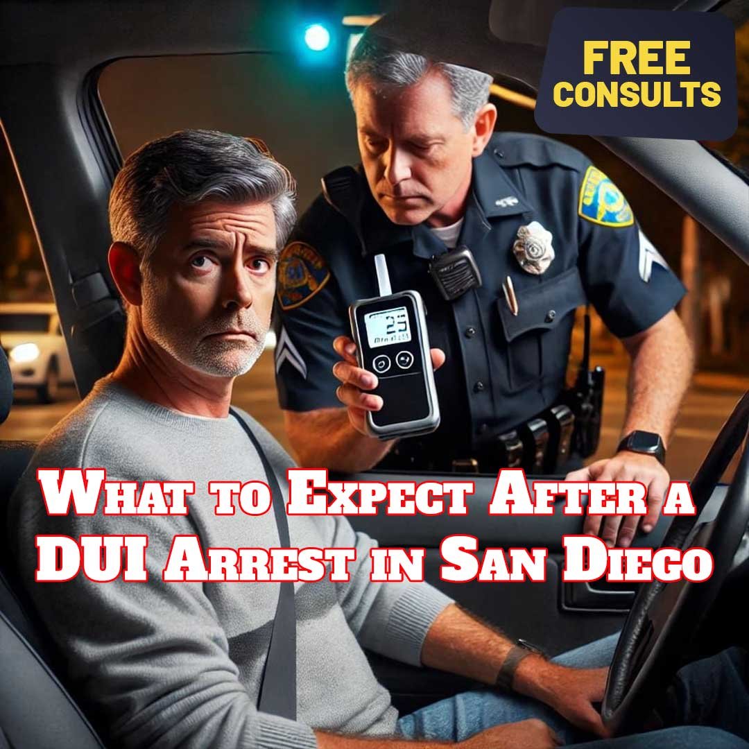 Man being stopped by police during a DUI traffic stop in San Diego at night.