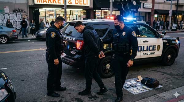 San Diego drug possession attorney Jason Ronis law firm representation for felony narcotics arrest scene with police vehicle.